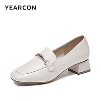 YEARCON 意尔康 女鞋2023秋季女士真皮乐福鞋粗跟小皮鞋方头单鞋通勤工作鞋