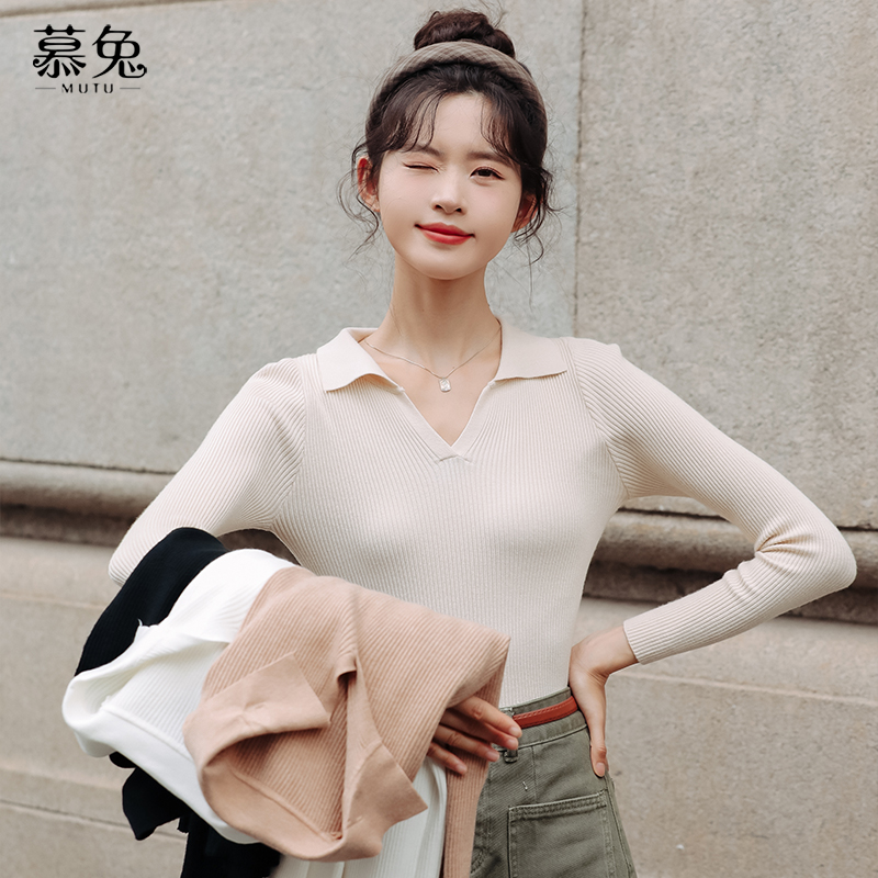 慕兔韩系Polo领针织衫毛衣女2023秋季修身内搭打底衫长袖上衣