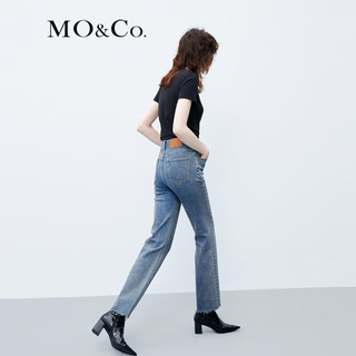 MO&Co.2023秋棉质做旧须边直筒九分牛仔裤烟管裤MBC3JENT15 牛仔蓝色 25/XS