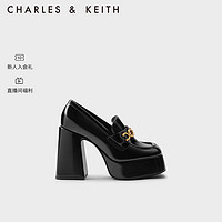 CHARLES&KEITH23秋复古英伦方头粗跟乐福鞋高跟鞋女CK1-60361475 Black Boxed黑色 34