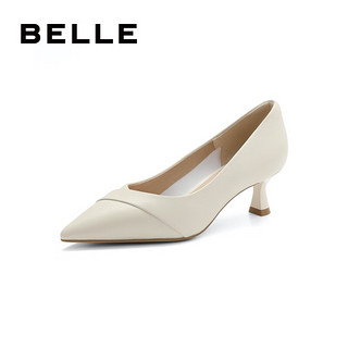 BeLLE 百丽 基本款尖头高跟鞋女2023秋季羊皮革浅口单鞋B1455CQ3预售 米白 34