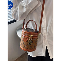 迪士尼（disney）2023新款今年流行水桶包女复古独特小包包时尚感单肩包斜挎包圆筒 棕色