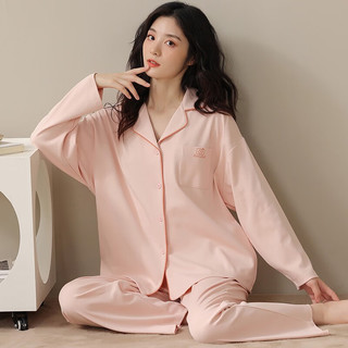 浪莎睡衣女春秋款可外穿长袖开衫翻领宽松休闲大码家居服套装 粉色