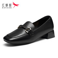 红蜻蜓 RED DRAGONFLY 女单鞋2023秋款时尚方头粗跟小皮鞋乐福鞋女 WFB33044黑色34