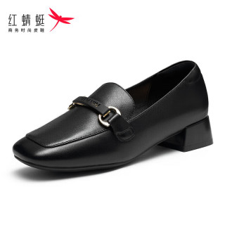 红蜻蜓 RED DRAGONFLY 女单鞋2023秋款时尚方头粗跟小皮鞋乐福鞋女 WFB33044黑色34