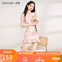 西遇法式纯欲风泡泡袖碎花连衣裙2023荷叶边V领A字裙包臀短裙 粉色 S