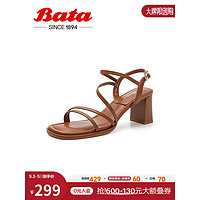 Bata 拔佳 时装凉鞋女2023夏新款百搭一字交叉带羊皮粗高跟凉鞋70279BL3 棕色 39