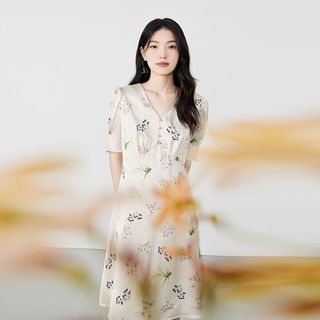 秋水伊人气质V领雪纺印花连衣裙2023年夏季女装法式优雅裙子