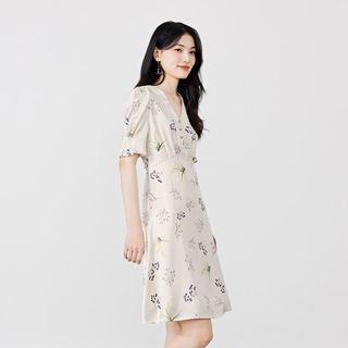 秋水伊人气质V领雪纺印花连衣裙2023年夏季女装法式优雅裙子