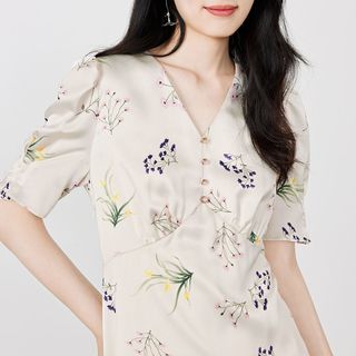 秋水伊人气质V领雪纺印花连衣裙2023年夏季女装法式优雅裙子
