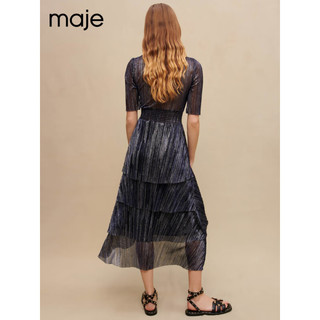 Maje2023春秋女装法式长款收腰光泽感蛋糕连衣裙MFPRO03007 深蓝色 T34