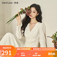 WESTLINK 西遇 小众设计V领长袖连衣裙2023秋季立体感薄款小白裙长款 白色（S/M/L预售9月5日） S