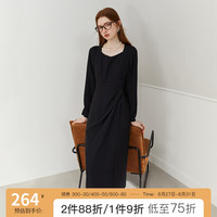 范思蓝恩 23FS13167 正式场合长袖连衣裙女2023新款气质通勤长裙子 黑色 XS