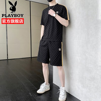 花花公子(PLAYBOY ESTABLISHED 1953)【两件套】短袖t恤男套装夏季新款潮牌易穿搭T恤男士高档夏装一套 黑色套装【两件套】 L