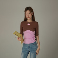 CHUU贴标撞色T恤女士2023年秋季设计感拼色辣妹修身褶皱上衣 深花灰 均码