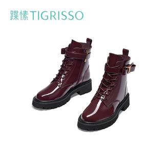 蹀愫2023冬新款百搭两穿魔术贴圆头马丁靴短靴TA43701-54 暗红色皱牛漆皮革 34