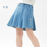 迪士尼(Disney)女童半身牛仔裙夏装薄款儿童百褶裙大童洋气学院风短裙 中蓝 120cm