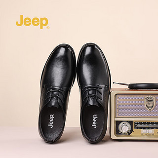 Jeep（吉普）男鞋秋冬圆头英伦牛皮休闲鞋复古商务正装皮鞋子男 黑色 40(标准皮鞋码)