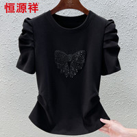 恒源祥2023夏装设计感泡泡袖短袖恤修身显瘦蝴蝶结装饰上衣女J6254 黑色 L
