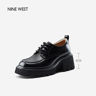 NINE WEST 玖熙 系带乐福鞋女2023秋学院风厚底粗跟水波纹理单鞋女鞋 黑色 34