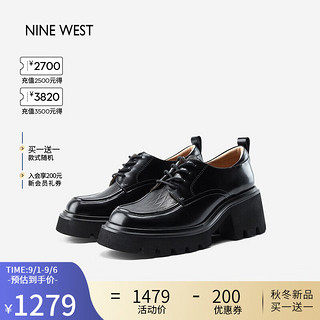 NINE WEST 玖熙 系带乐福鞋女2023秋学院风厚底粗跟水波纹理单鞋女鞋 黑色 34