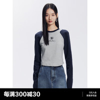 太平鸟女装 太平鸟撞色长袖插肩T恤衫女2023圆领修身美式复古针织衫上衣 灰色 M