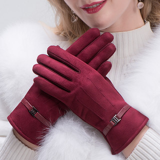 BETONORAY 北诺 手套女冬季双层加绒触屏防滑开车骑行简约时尚保暖女士手套 小皮扣款 酒红色