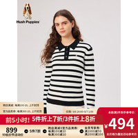 Hush Puppies暇步士女装2023秋季美式复古休闲翻领条纹百搭针织衫 388黑白 L