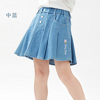 迪士尼（Disney）女童半身牛仔裙夏装薄款儿童百褶裙大童洋气学院风短裙 中蓝 130cm