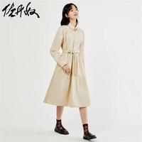 佐丹奴2023年秋季上新纯棉气质通勤腰带长袖衬衫连衣裙女18463004 05卡其 XL