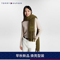 TOMMY HILFIGER 23秋季女装羊毛混纺简约贴片流苏边围巾AW0AW15530 橄榄绿MS2 OS