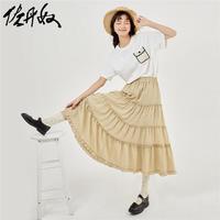 佐丹奴Giordano暗竖纹梭织松紧腰薄半身蛋糕裙18463615 41杏黄色 XL