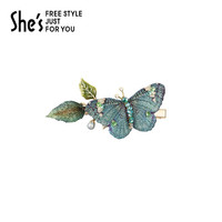 She's 斑斓蝶梦刺绣蝴蝶捏夹侧夹刘海边夹碎发夹轻奢发卡发饰头饰品 深蓝墨绿C0
