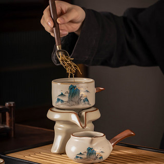 瓷牌茗茶具（cipaiming teaset）汝窑自动茶具套装家用懒人泡茶办公室会客功夫茶杯茶壶整套 米黄《锦绣江山》自动8杯