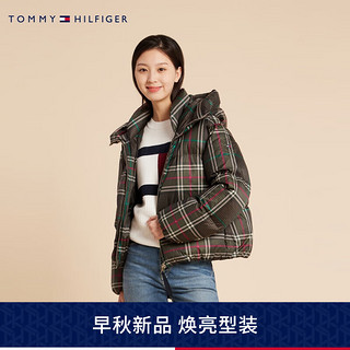 TOMMY HILFIGER23秋冬女撞色格纹短款合身鸭绒保暖面包服羽绒服02737 军绿色格子0N3 XS