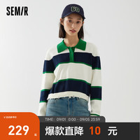 Semir森马毛衣女短款polo领宽松个性2023秋条纹毛衫复古 白绿色调00314 160/84A/M