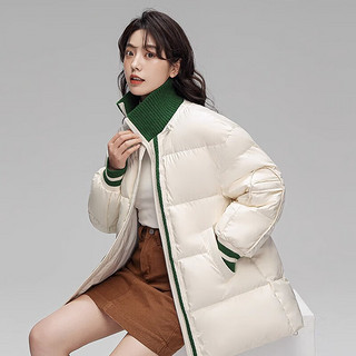 鸭鸭（YAYA）中长款羽绒服女士小个子韩版拼接针织面包服休闲保暖外套H 卡其色 S