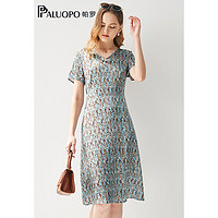 帕罗（PALUOPO）小个子显瘦真丝连衣裙欧美风V领修身短袖中长裙 蓝底花 L(165/88A)