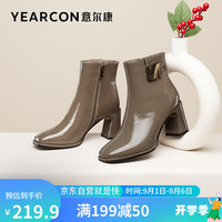 YEARCON 意尔康 女鞋时尚粗跟单里短靴侧拉链亮面秋款靴子女 49908W 浅咖 35