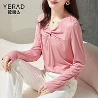 娅丽达（YERAD）针织T恤女2023秋季女装V领长袖上衣宽松黑色打底衫 粉色(M0) S