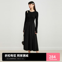 LEDIN 乐町 针织拼接长袖连衣裙23年秋季肩部镂空设计女装中长内搭裙 黑色() S