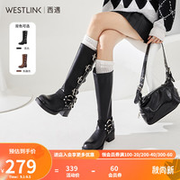 西遇复古骑士靴女2023秋季美式西部机车中筒粗跟马丁靴子 黑色 36