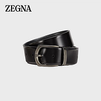 杰尼亚（Zegna）春夏男士黑色亮面光滑皮革配黑色马德拉斯格纹雕纹皮革双面皮带