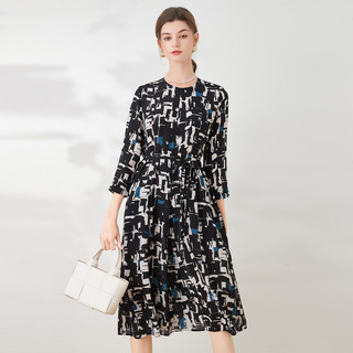 鳄鱼恤（CROCODILE）2023夏季新品100%桑蚕丝真丝连衣裙女通勤印花七分袖系带裙子 深藏青 M