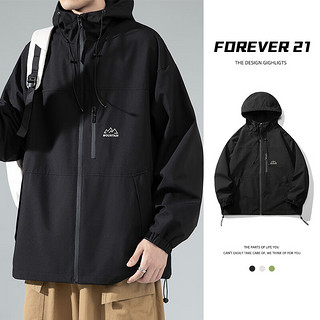 FOREVER 21夹克男秋季连帽休闲简约印花百搭户外上衣外套男装 黑色 3XL码 