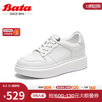 Bata 拔佳 小白鞋女2023秋季百搭牛皮厚底通勤松糕运动板鞋VBM12CM3 白色 37