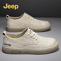 Jeep（吉普）男鞋秋冬复古简约休闲鞋橡胶软底板鞋百搭低帮鞋子男 沙色（皮鞋码） 38