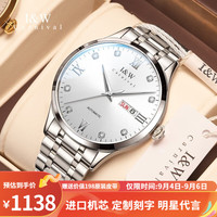 I&W CARNIVAL HWGUOJI瑞士手表男机芯机械表双日历镶钻男士腕表 银白钢带/机芯