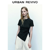 UR2023秋季女休闲时髦设计感不规则收褶显瘦开叉T恤UWU432161 正黑 S