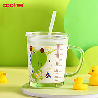 COOKSS 儿童牛奶杯玻璃杯家用饮水杯带刻度吸管水杯宝宝冲泡奶粉杯绿恐龙